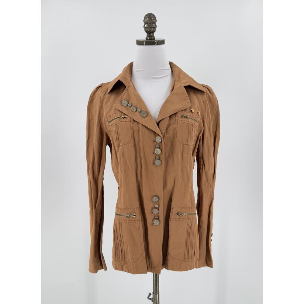 Via di Cambio Taupe Collared Metal Coin Buttons Jacket Steampunk Sz 44 US M